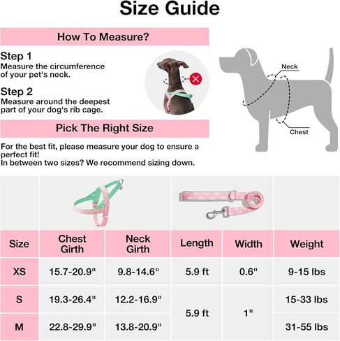 VETRESKA طقم حزام ومقود للكلاب الصغيرة والمتوسطة والكبيرة، مبطن ناعم قابل للتعديل، سهل التحكم، سهل المشي ومضاد للالتواء مجموعة مقود الحيوانات الأليفة (وردي وأخضر، مقاس M) in Kuwait