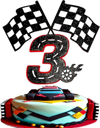 Race Car 3 Years old Birthday Cake Topper- Checkered Flag, Racing Track, Fire Wheel Cake Decoration Set for Boy's 3rd Birthday Party Supply in Saudi Arabia