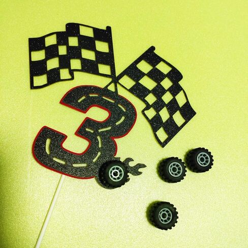 Race Car 3 Years old Birthday Cake Topper- Checkered Flag, Racing Track, Fire Wheel Cake Decoration Set for Boy's 3rd Birthday Party Supply in Saudi Arabia