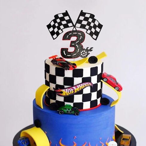 Race Car 3 Years old Birthday Cake Topper- Checkered Flag, Racing Track, Fire Wheel Cake Decoration Set for Boy's 3rd Birthday Party Supply in Saudi Arabia