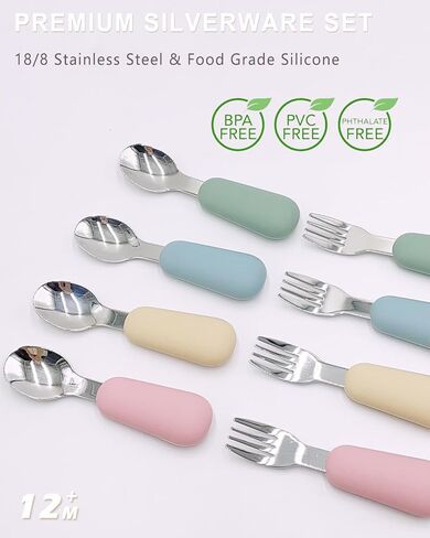 Toddler Utensils Fork Spoon Set, Kids Silverware Set 18/8 Stainless Steel & Food Grade Silicone Handle, Baby Safe Utensils Spoons and Forks for Toddler, BPA Free, Easy-Grip, Dishwasher Safe in Saudi Arabia