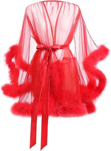 MioCloth Sexy Tulle Feather Robe Sheer Mesh Fur Illusion Robe Nightgown Bridal Lingeries Gift Women Feather Trim Dress in Kuwait