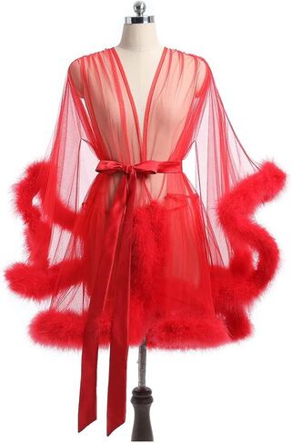 MioCloth Sexy Tulle Feather Robe Sheer Mesh Fur Illusion Robe Nightgown Bridal Lingeries Gift Women Feather Trim Dress in Kuwait