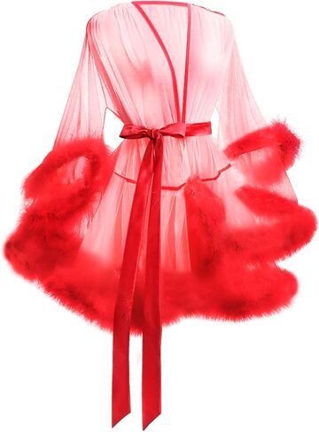 MioCloth Sexy Tulle Feather Robe Sheer Mesh Fur Illusion Robe Nightgown Bridal Lingeries Gift Women Feather Trim Dress in Kuwait