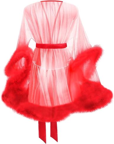 MioCloth Sexy Tulle Feather Robe Sheer Mesh Fur Illusion Robe Nightgown Bridal Lingeries Gift Women Feather Trim Dress in Kuwait