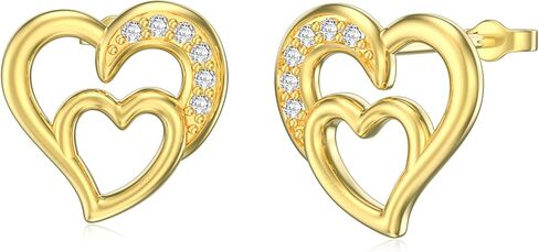أقراط على شكل قلب من الذهب الحقيقي عيار 14 قيراط - أقراط على شكل قلب مزدوج أنيقة مع أقراط على شكل قلب من الزركونيا المكعبة 5A من الذهب الأصفر على شكل قلب in Kuwait