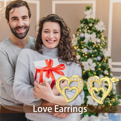 أقراط على شكل قلب من الذهب الحقيقي عيار 14 قيراط - أقراط على شكل قلب مزدوج أنيقة مع أقراط على شكل قلب من الزركونيا المكعبة 5A من الذهب الأصفر على شكل قلب in Kuwait