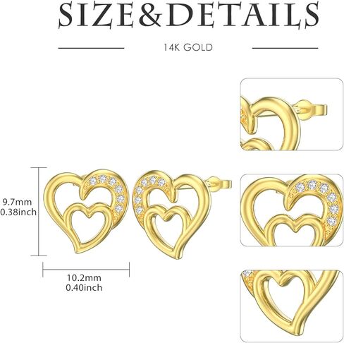 أقراط على شكل قلب من الذهب الحقيقي عيار 14 قيراط - أقراط على شكل قلب مزدوج أنيقة مع أقراط على شكل قلب من الزركونيا المكعبة 5A من الذهب الأصفر على شكل قلب in Kuwait