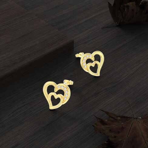 أقراط على شكل قلب من الذهب الحقيقي عيار 14 قيراط - أقراط على شكل قلب مزدوج أنيقة مع أقراط على شكل قلب من الزركونيا المكعبة 5A من الذهب الأصفر على شكل قلب in Kuwait
