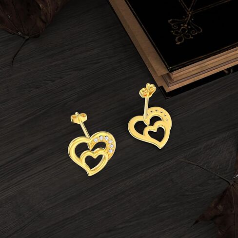 أقراط على شكل قلب من الذهب الحقيقي عيار 14 قيراط - أقراط على شكل قلب مزدوج أنيقة مع أقراط على شكل قلب من الزركونيا المكعبة 5A من الذهب الأصفر على شكل قلب in Kuwait