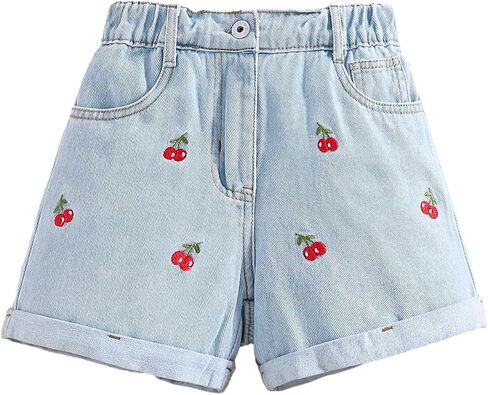 SHENHE Girl's Graphic Cherry Embroidery Roll Up Hem Jeans Elastic Waist Denim Shorts in Saudi Arabia