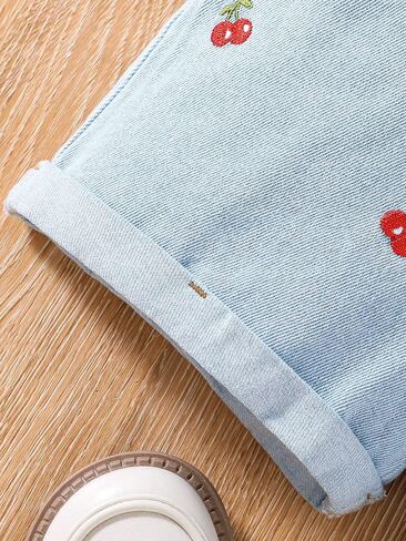 SHENHE Girl's Graphic Cherry Embroidery Roll Up Hem Jeans Elastic Waist Denim Shorts in Saudi Arabia