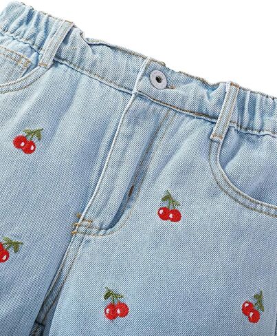 SHENHE Girl's Graphic Cherry Embroidery Roll Up Hem Jeans Elastic Waist Denim Shorts in Saudi Arabia