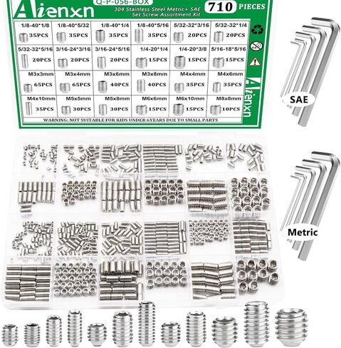 710 قطعة متري + SAE 304 مجموعة متنوعة من البراغي، براغي مجموعة نقاط رأس مقبس سداسي، برغي ألين برأس، براغي داخلية سداسية الرأس (M3-M8، 1/8"-40 إلى 5/16"-18) in Saudi Arabia