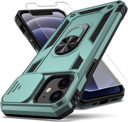 for iPhone 12 Case,with Camera Lens Cover HD Screen Protector,[Military Grade] Ring Car Mount Kickstand Hybrid Hard PC Soft TPU Shockproof Protective Case for iPhone 12, Black in Saudi Arabia