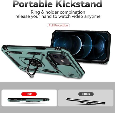 for iPhone 12 Case,with Camera Lens Cover HD Screen Protector,[Military Grade] Ring Car Mount Kickstand Hybrid Hard PC Soft TPU Shockproof Protective Case for iPhone 12, Black in Saudi Arabia
