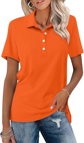 قمصان بولو نسائية بأكمام قصيرة من ORANDESIGNE صيفية بياقة بأزرار سفلية وتي شيرتات فضفاضة غير رسمية برتقالية زاهية in Kuwait
