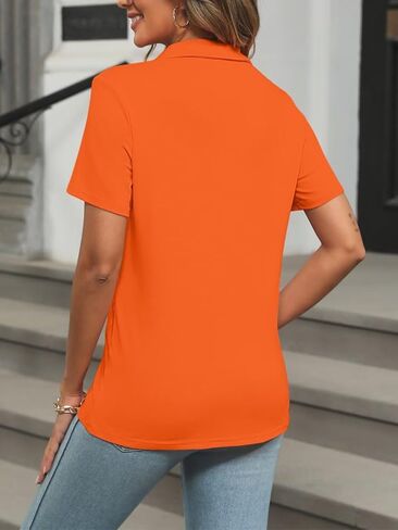 قمصان بولو نسائية بأكمام قصيرة من ORANDESIGNE صيفية بياقة بأزرار سفلية وتي شيرتات فضفاضة غير رسمية برتقالية زاهية in Kuwait