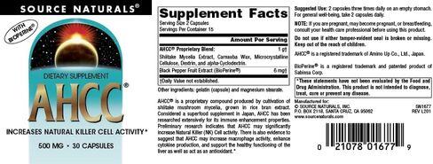 Source Naturals AHCC مع البيوبيرين - يزيد من نشاط الخلايا القاتلة الطبيعية* - 500 مجم - 30 كبسولة in Saudi Arabia