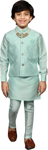 AHHAAAA Kids مزيج الحرير العرقي ملابس تقليدية نمط بوليوود صدرية شيرواني كورتا وبيجامة مع مالا للأولاد 525 in Kuwait