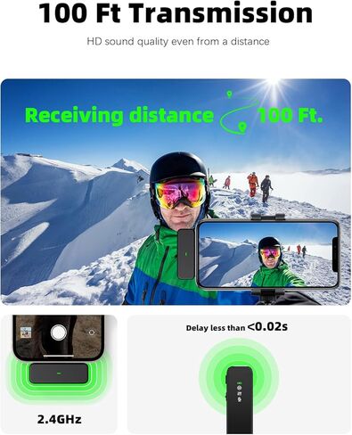 ميكروفون لافالير لاسلكي لهواتف iPhone مع خاصية إلغاء الضوضاء، ناقل حركة بطول 100 قدم، عمر بطارية يصل إلى 9 ساعات، ميكروفون لاسلكي لتسجيل الفيديو in Kuwait