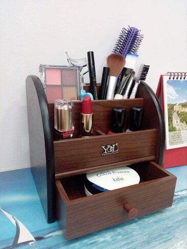 Remote control organizer with drawer, makeup organizers,office pencil holder for desk,wooden multifunctional tabletop storage case YCL828 in Saudi Arabia