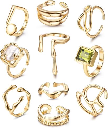 Subiceto 10 قطعة خواتم ذهبية مكتنزة للنساء 18K مطلية بالذهب خاتم مجموعة الباروك خاتم اللؤلؤ قابل للتعديل سميكة المفتوحة خواتم الفرقة بيان مجوهرات in Kuwait
