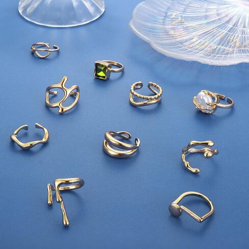 Subiceto 10 قطعة خواتم ذهبية مكتنزة للنساء 18K مطلية بالذهب خاتم مجموعة الباروك خاتم اللؤلؤ قابل للتعديل سميكة المفتوحة خواتم الفرقة بيان مجوهرات in Kuwait