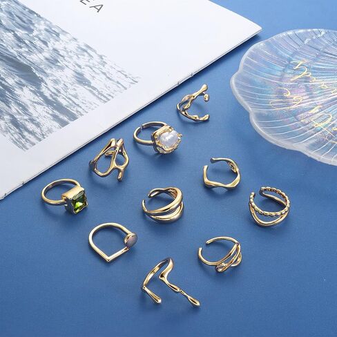 Subiceto 10 قطعة خواتم ذهبية مكتنزة للنساء 18K مطلية بالذهب خاتم مجموعة الباروك خاتم اللؤلؤ قابل للتعديل سميكة المفتوحة خواتم الفرقة بيان مجوهرات in Kuwait
