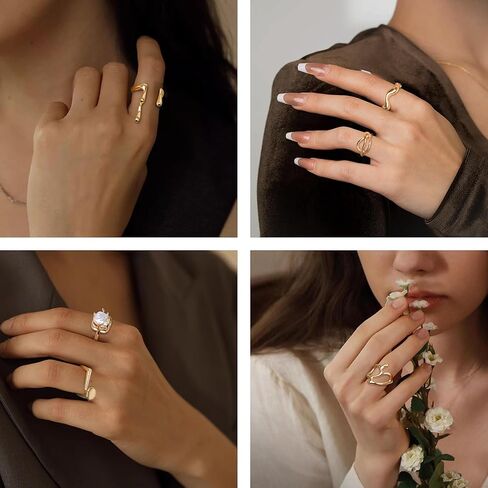 Subiceto 10 قطعة خواتم ذهبية مكتنزة للنساء 18K مطلية بالذهب خاتم مجموعة الباروك خاتم اللؤلؤ قابل للتعديل سميكة المفتوحة خواتم الفرقة بيان مجوهرات in Kuwait