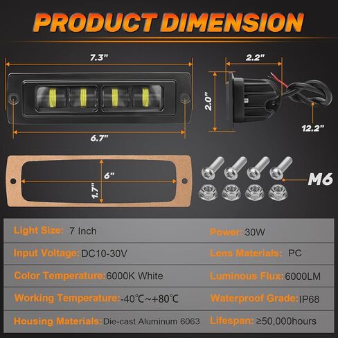 DERI 7 بوصة فلوش ماونت LED القرون، 2PCS 6000LM دافق جبل ضوء بار ماء القيادة ضوء الضباب ضوء عكس الضوء الاحتياطية بقعة ضوء LED ضوء العمل لشاحنة الطرق الوعرة SUV 4x4 ATV UTV in Kuwait