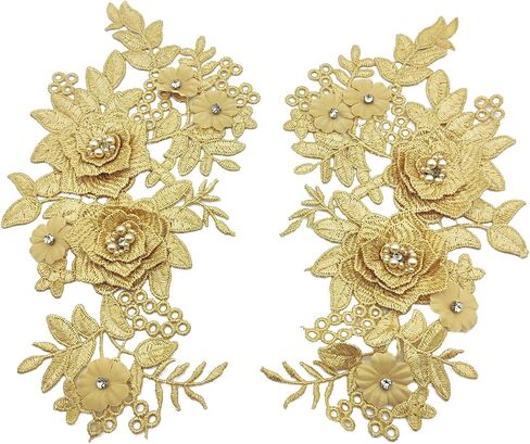 1 Pair White Lace Flower Fabric Patches Rhinestones Embroidered Trim Applique Decor DIY Sewing Craft Applique, 7.8 x 4"Inch in Saudi Arabia