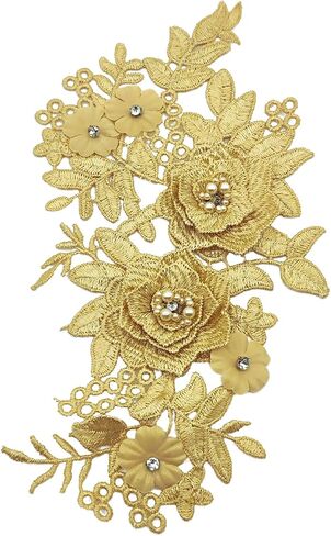 1 Pair White Lace Flower Fabric Patches Rhinestones Embroidered Trim Applique Decor DIY Sewing Craft Applique, 7.8 x 4"Inch in Saudi Arabia