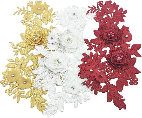 1 Pair White Lace Flower Fabric Patches Rhinestones Embroidered Trim Applique Decor DIY Sewing Craft Applique, 7.8 x 4"Inch in Saudi Arabia