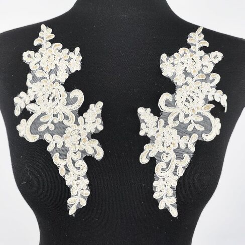 1 Pair White Lace Flower Fabric Patches Rhinestones Embroidered Trim Applique Decor DIY Sewing Craft Applique, 7.8 x 4"Inch in Kuwait