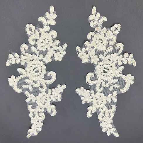 1 Pair White Lace Flower Fabric Patches Rhinestones Embroidered Trim Applique Decor DIY Sewing Craft Applique, 7.8 x 4"Inch in Kuwait