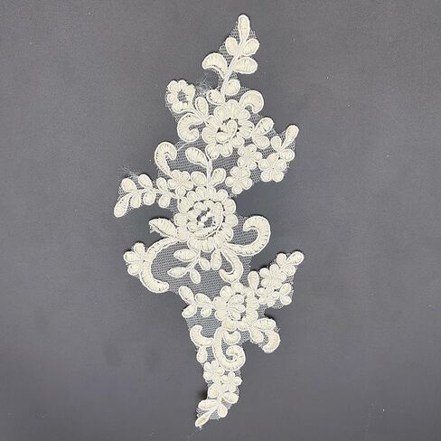 1 Pair White Lace Flower Fabric Patches Rhinestones Embroidered Trim Applique Decor DIY Sewing Craft Applique, 7.8 x 4"Inch in Kuwait