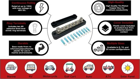 10 Terminal Bus Bar Kit for Power and Ground Distribution - Heat Shrink Ring Terminals and Cover Included in Saudi Arabia
