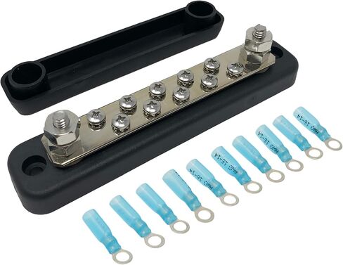 10 Terminal Bus Bar Kit for Power and Ground Distribution - Heat Shrink Ring Terminals and Cover Included in Saudi Arabia