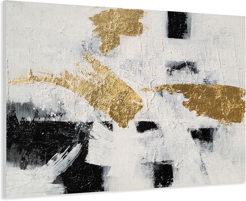 RFDEPOT Abstract Wall Art - Black and White with Golden Accents - 24x36IN - Stretched on Wooden Frame - Easy Installation and Cleaning in Saudi Arabia