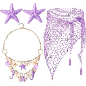 Cotwinter 3 Pieces Mermaid Women Crochet Cover up Swimwear Beach Shawl Capelet Sarong Wrap with Shell Necklace Choker and Starfish Hair Clip Summer Fishnet Net Skirt Set for Women Girls in Kuwait