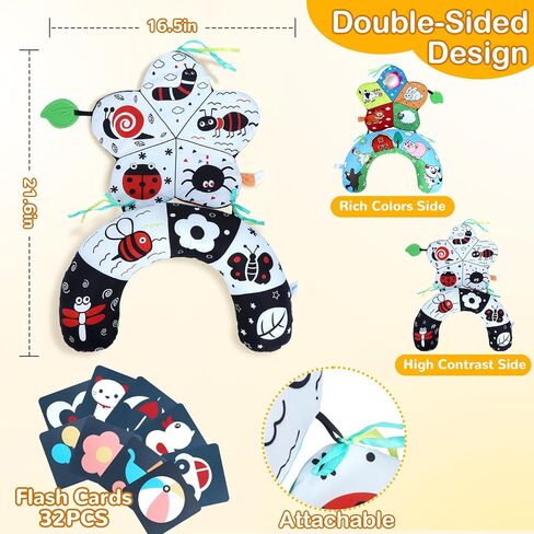 Tummy Time Pillow, High Contrast Tummy Time Mat with Black & White Flash Cards, Double-Sided Tummy Time Cushion with Mirror & Teether Sensory Toys, Baby Toys for Infant Newborn 0-12 Months Babies in Saudi Arabia