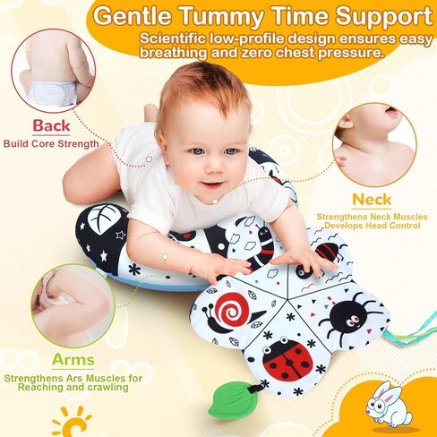 Tummy Time Pillow, High Contrast Tummy Time Mat with Black & White Flash Cards, Double-Sided Tummy Time Cushion with Mirror & Teether Sensory Toys, Baby Toys for Infant Newborn 0-12 Months Babies in Saudi Arabia