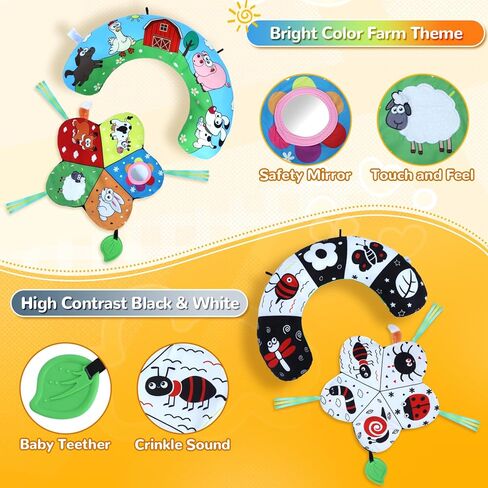 Tummy Time Pillow, High Contrast Tummy Time Mat with Black & White Flash Cards, Double-Sided Tummy Time Cushion with Mirror & Teether Sensory Toys, Baby Toys for Infant Newborn 0-12 Months Babies in Saudi Arabia