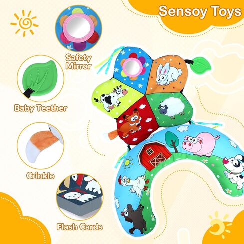 Tummy Time Pillow, High Contrast Tummy Time Mat with Black & White Flash Cards, Double-Sided Tummy Time Cushion with Mirror & Teether Sensory Toys, Baby Toys for Infant Newborn 0-12 Months Babies in Saudi Arabia