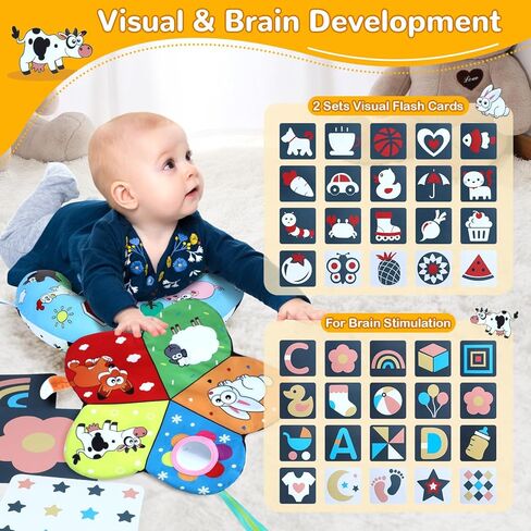 Tummy Time Pillow, High Contrast Tummy Time Mat with Black & White Flash Cards, Double-Sided Tummy Time Cushion with Mirror & Teether Sensory Toys, Baby Toys for Infant Newborn 0-12 Months Babies in Saudi Arabia