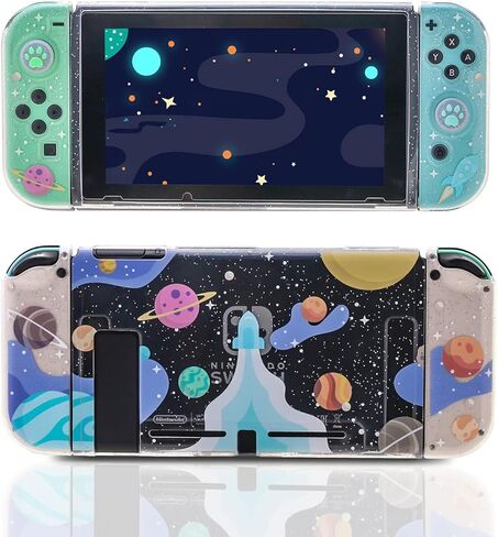 ECHZOVE Cute Glitter Switch Case with Cherry Blossom Flowers – Clear Dockable Protective Cover with Screen Protector & Thumb Grips, Aesthetic Pink Gaming Accessories Gift for Girls in Saudi Arabia