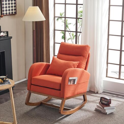 VINGLI Olive Chenille Rocking Chair Nursery with Thick Headrest, Upholstered Mid-Century Modern Nursing Rocker Glider with Curved Armrest, Sturdy Solid Wood Base for Living Room, Bedroom, Baby Room in Saudi Arabia