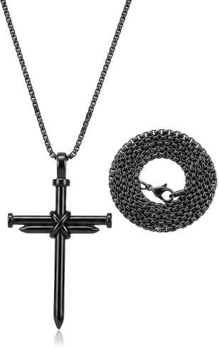 Luxfine Nail Cross Necklace, Stainless Steel Black Pendant, Christian Jesus Jewelry for Men & Women, Birthday Father’s Day Gift (with 24 Inches Chain, Box Packaged) in Saudi Arabia