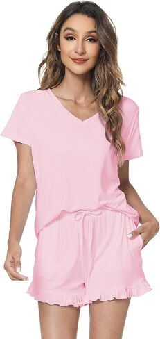 WiWi Womens Pajamas Set Bamboo Viscose Soft Short Sleeve Top with Ruffle Shorts Sleepwear Ladies Pjs Sets S-XXL in Saudi Arabia